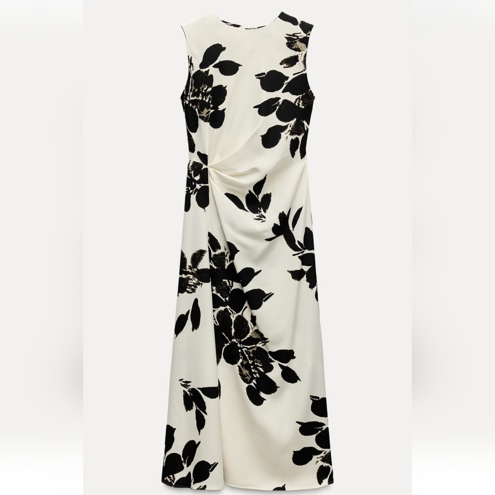 Zara floral print knotted on side padded shoulder open back slit midi dress